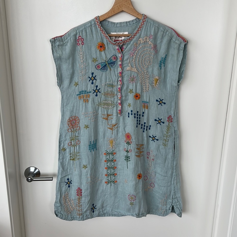Johnny Was Biya Elektra Lined Blue Surf Linen Embroidered Boho Womens XS Tunic - Picture 2 of 5